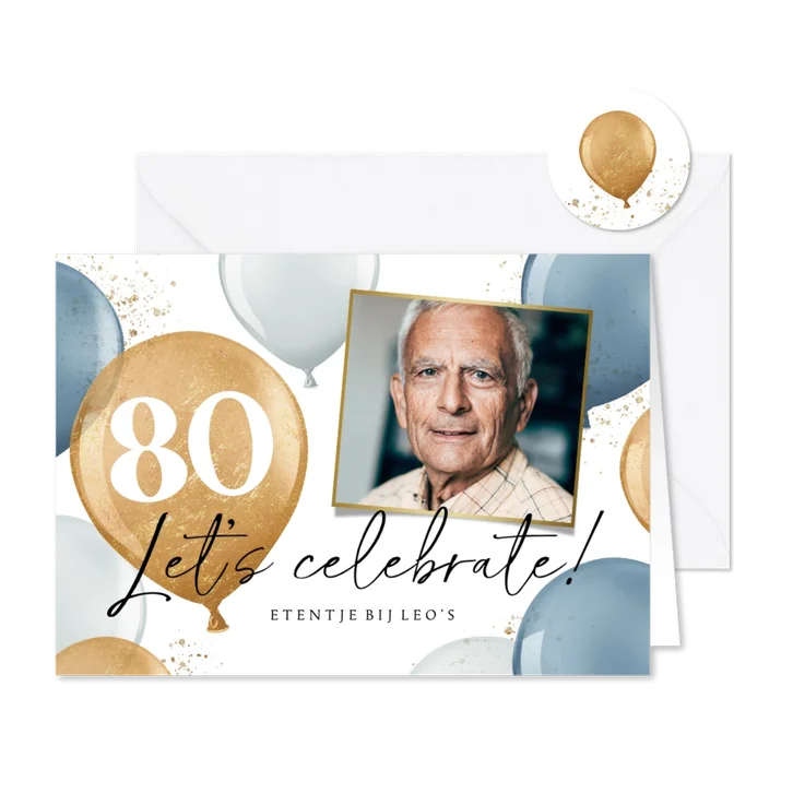 Uitnodiging verjaardagsfeest man ballonnen goud blauw foto