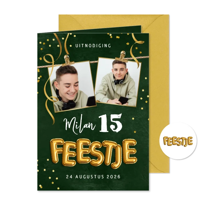 Uitnodiging verjaardagsfeest slingers confetti foto's groen