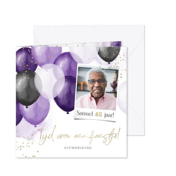 Uitnodiging verjaardagsfeest unisex ballonnen confetti paars