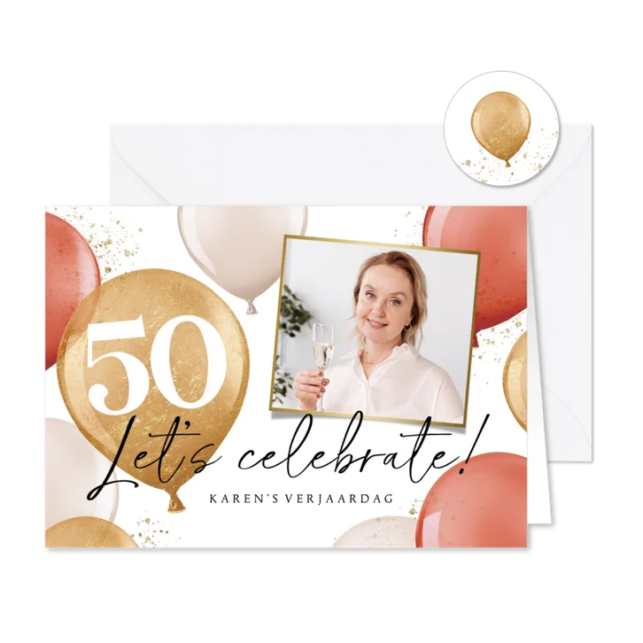 Uitnodiging verjaardagsfeest vrouw 50 jaar ballonnen goud