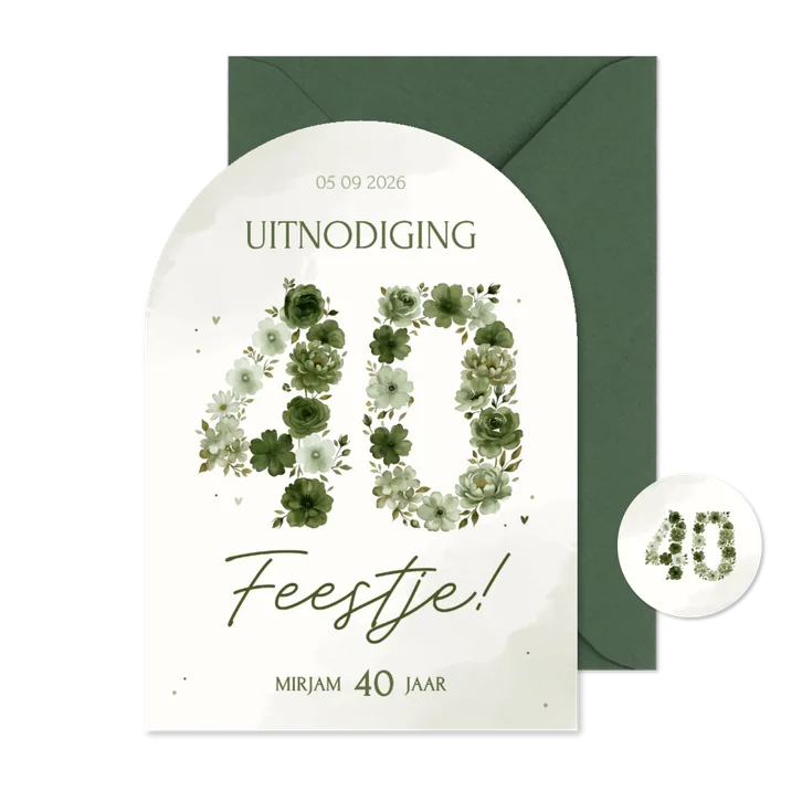 Uitnodiging verjaardagsfeestje 40 bloemen groen