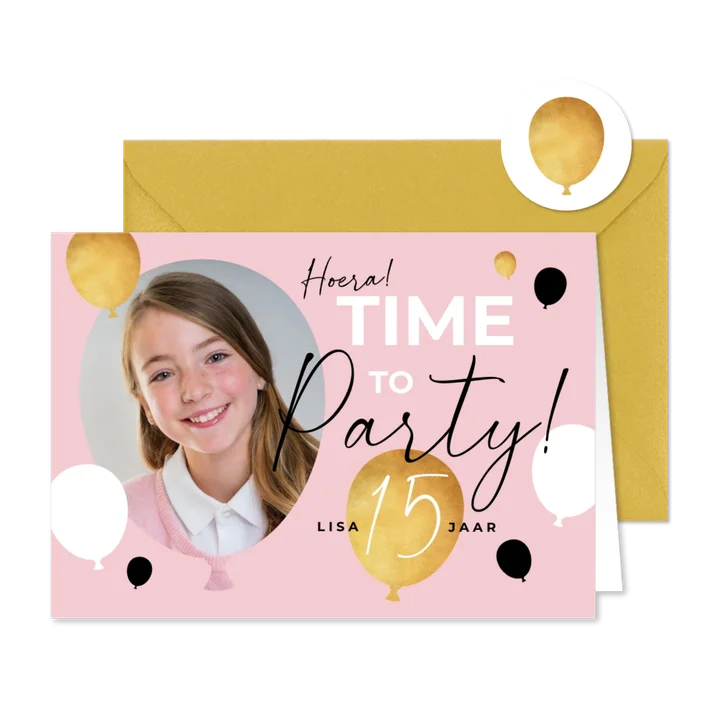 Uitnodiging verjaardagsfeestje ballonnen goud roze foto