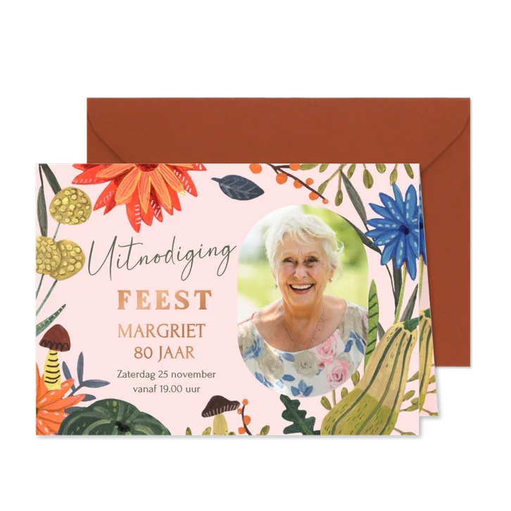 Uitnodiging verjaardagsfeestje herfst bloemen en paddenstoel