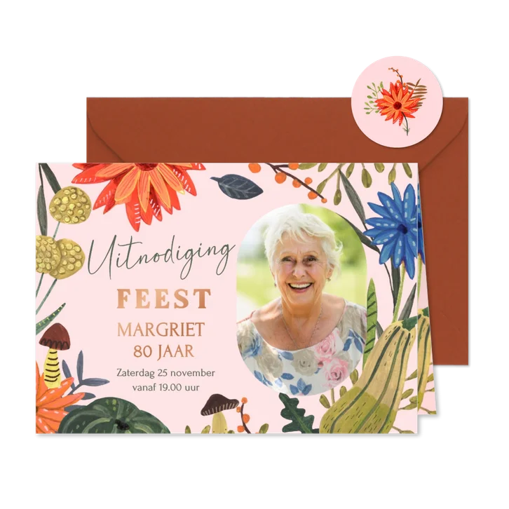 Uitnodiging verjaardagsfeestje herfst bloemen en paddenstoel
