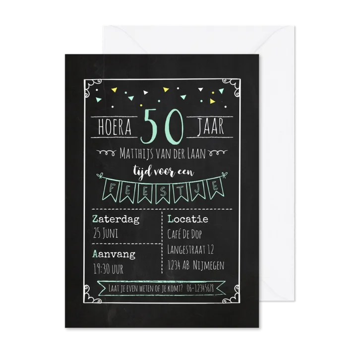 Uitnodiging  verjaardagsfeestje krijtbord 
