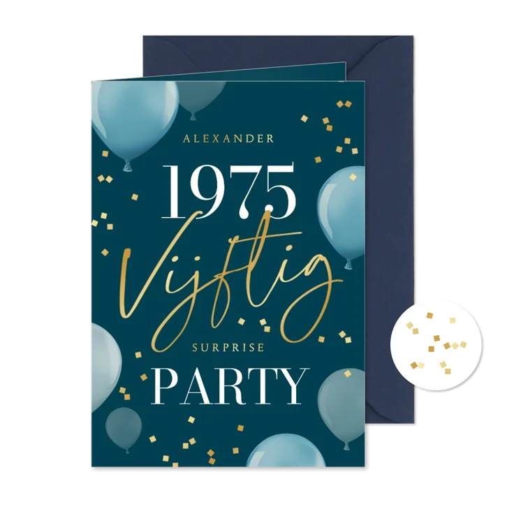 Uitnodiging verjaardagskaart 50 vijftig ballonnen confetti