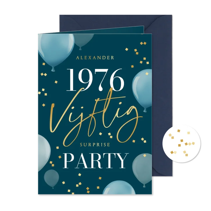 Uitnodiging verjaardagskaart 50 vijftig ballonnen confetti