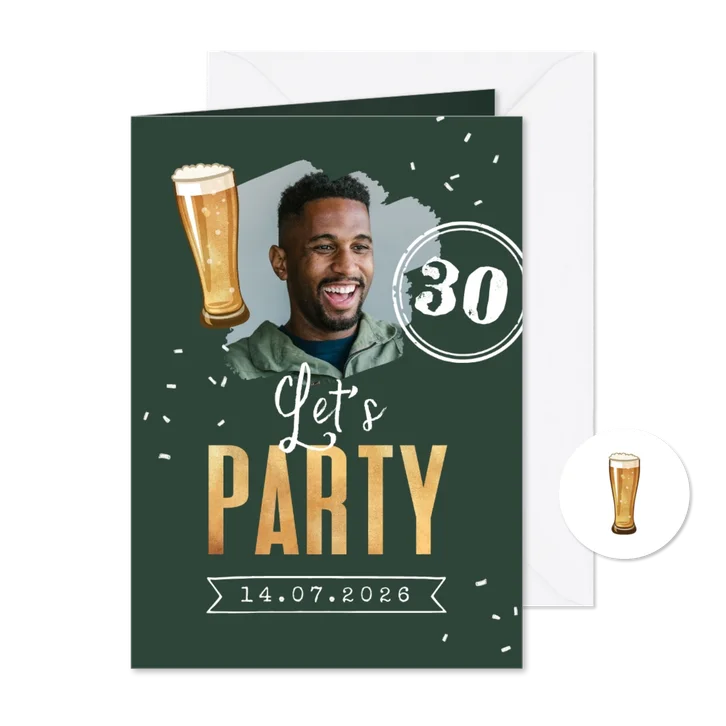 Uitnodiging verjaardagskaart man bier confetti let's party
