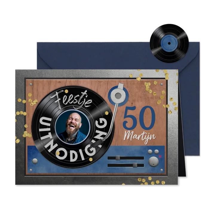 Uitnodiging verjaardagskaart platenspeler vinyl lp foto