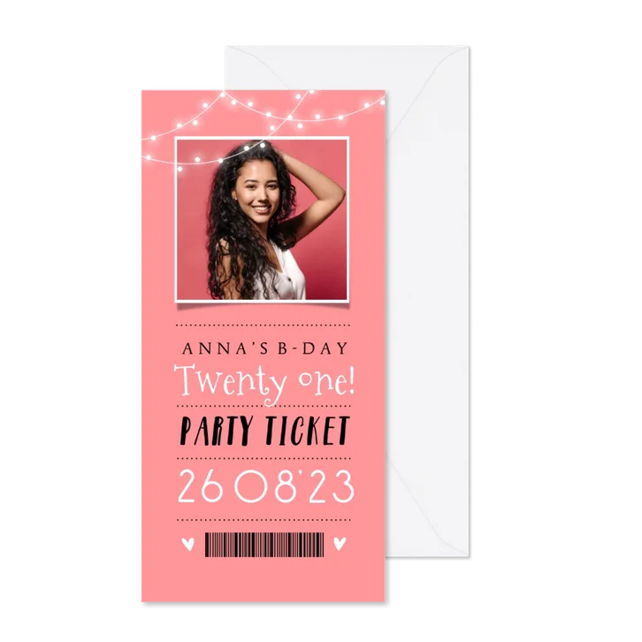 Uitnodiging verjaardagskaart ticket slingers foto party