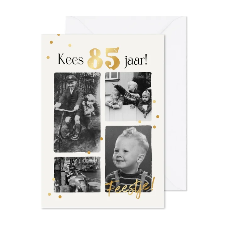 Uitnodiging verjaardagskaart unisex fotocollage vintage goud