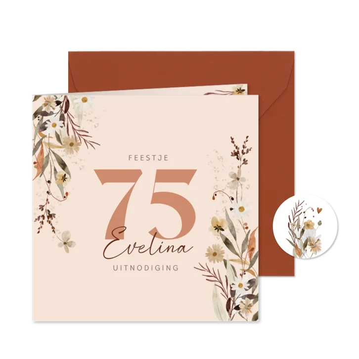 Uitnodiging vijfenzeventig jaar met bloemen en hartjes