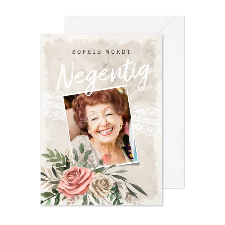 Uitnodiging vintage bloemen met foto