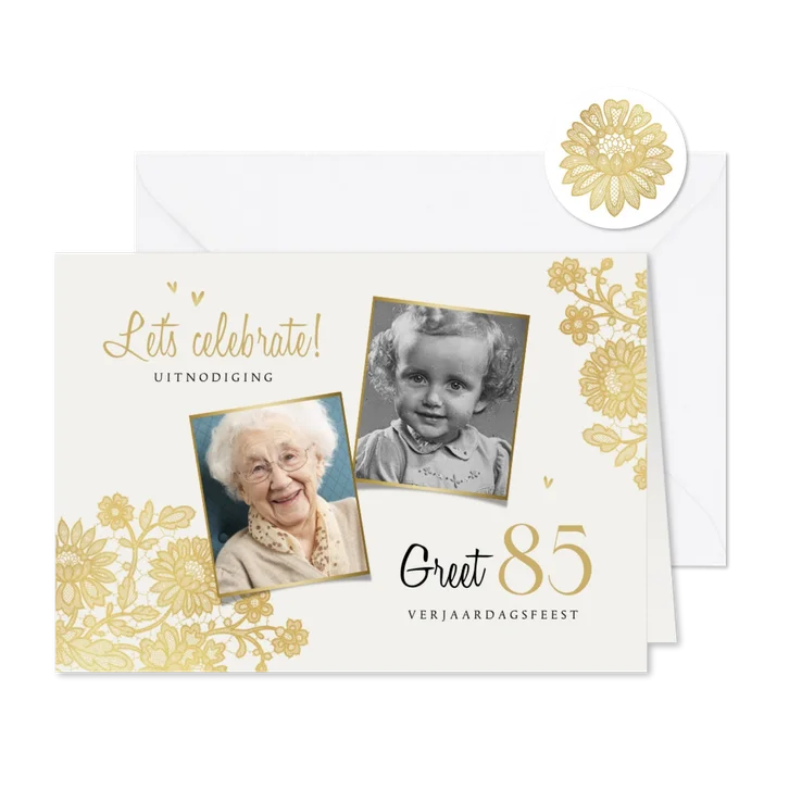 Uitnodiging vintage verjaardagsfeest kant goud hartjes foto