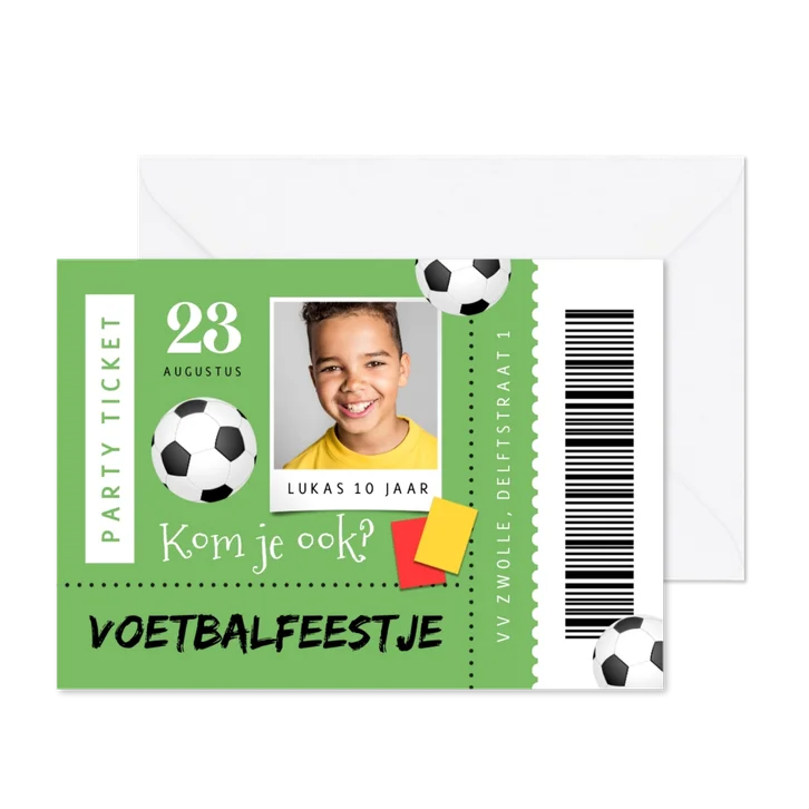 Uitnodiging voetbalfeestje ticket wedstrijd foto voetbal