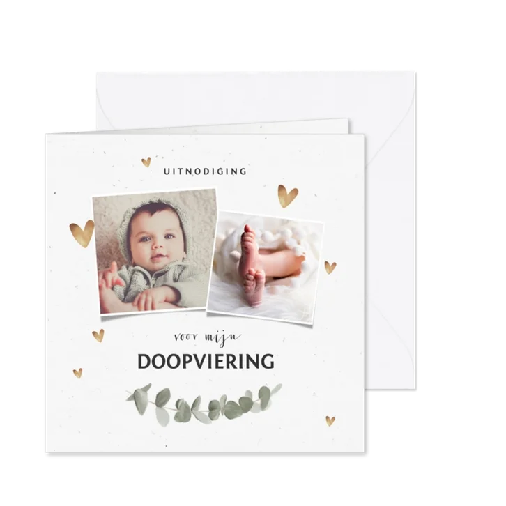 Uitnodiging voor doopviering met eucalyptus en foto's