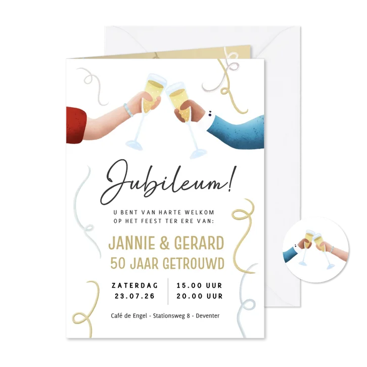 Uitnodiging voor een jubileum feest met proostende handen