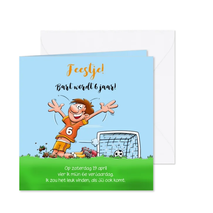 Uitnodiging voor een kinderfeestje. We gaan voetballen.