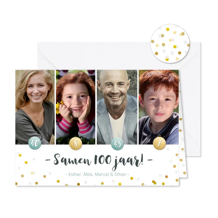 Uitnodiging voor een samen 100 feestje met 4 eigen foto's
