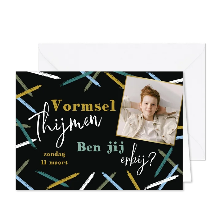 Uitnodiging vormsel abstracte confetti stoer met foto