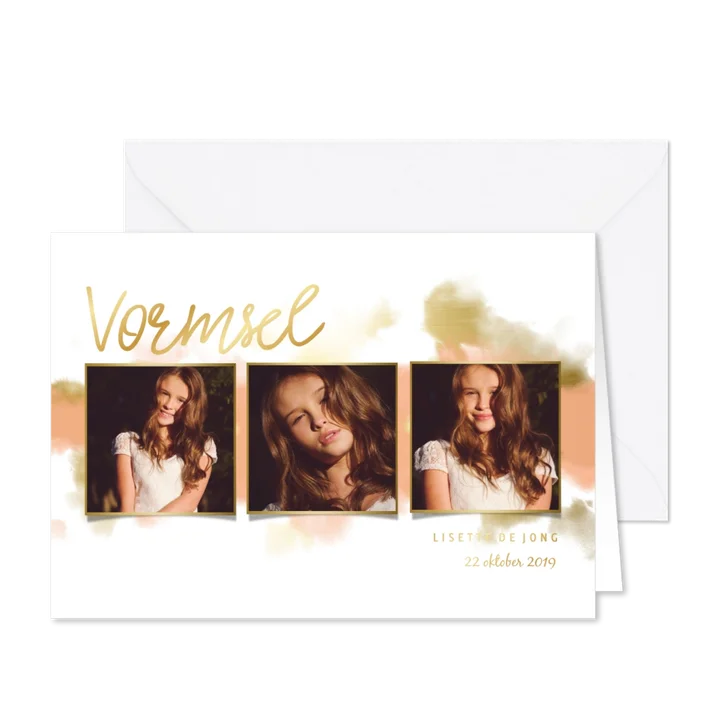 Uitnodiging vormsel fotocollage goudlook met waterverf