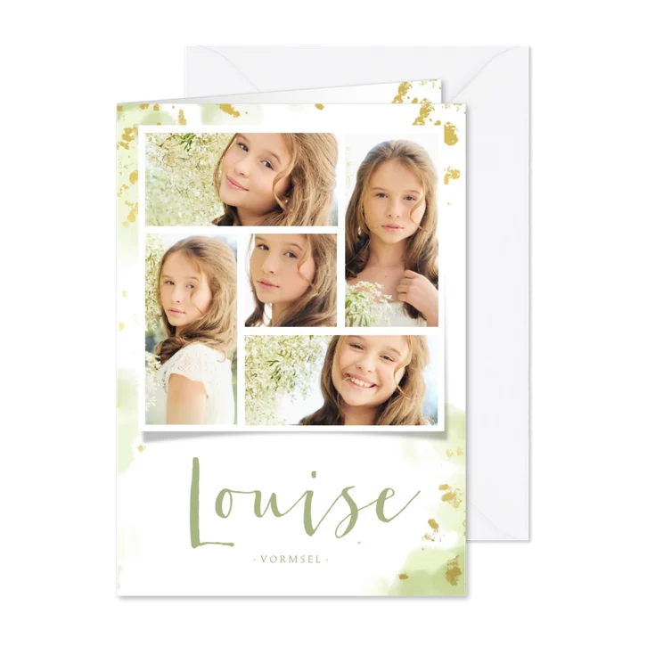 Uitnodiging vormsel fotocollage groen met spetters