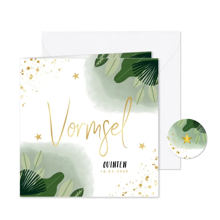 Uitnodiging vormsel hip met planten en gouden spetters