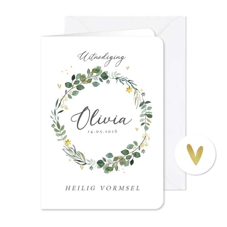 Uitnodiging vormsel krans van bladeren hartjes goud bloemen
