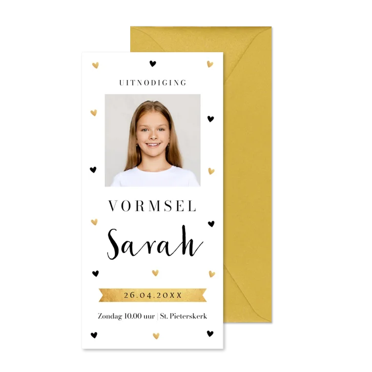 Uitnodiging vormsel meisje met foto wit goudlook hartjes