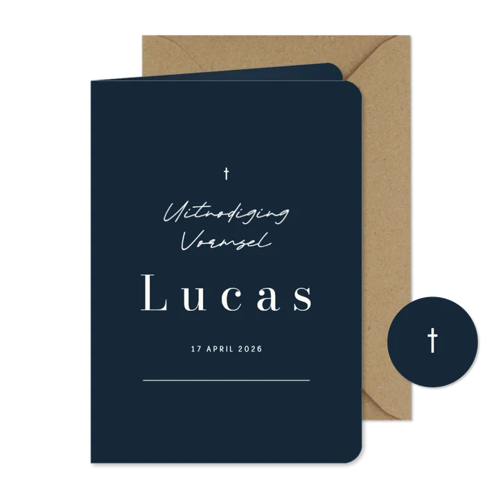 Uitnodiging vormsel of communie donkerblauw met streep