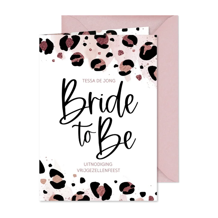 Uitnodiging vrijgezellenfeest panterprint waterverf rosélook