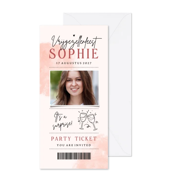 Uitnodiging vrijgezellenfeest vrouw surprise foto ticket