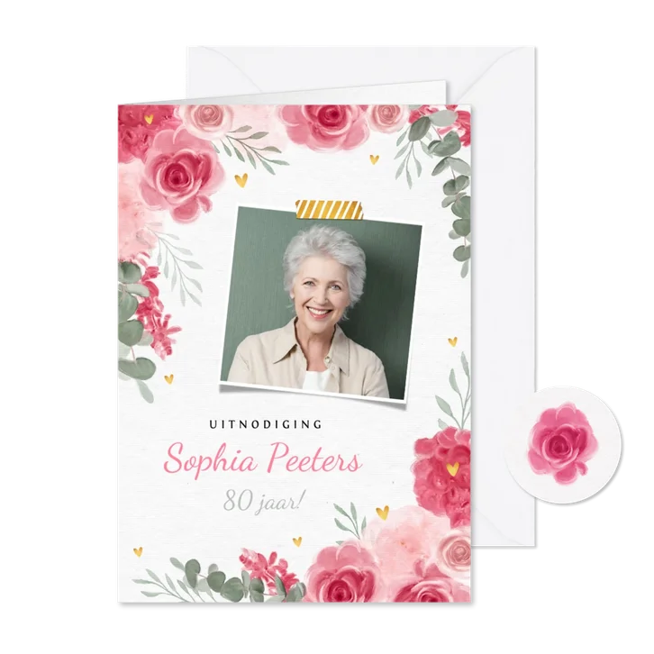 Uitnodiging vrouw waterverf bloemen gouden hartjes