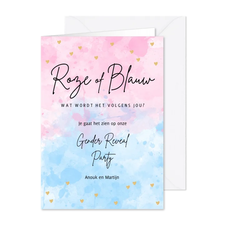 Uitnodiging waterverf hartjes gender reveal party