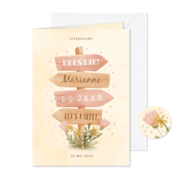 Uitnodiging wegwijzer met bloemen 50 jaar aanpasbaar