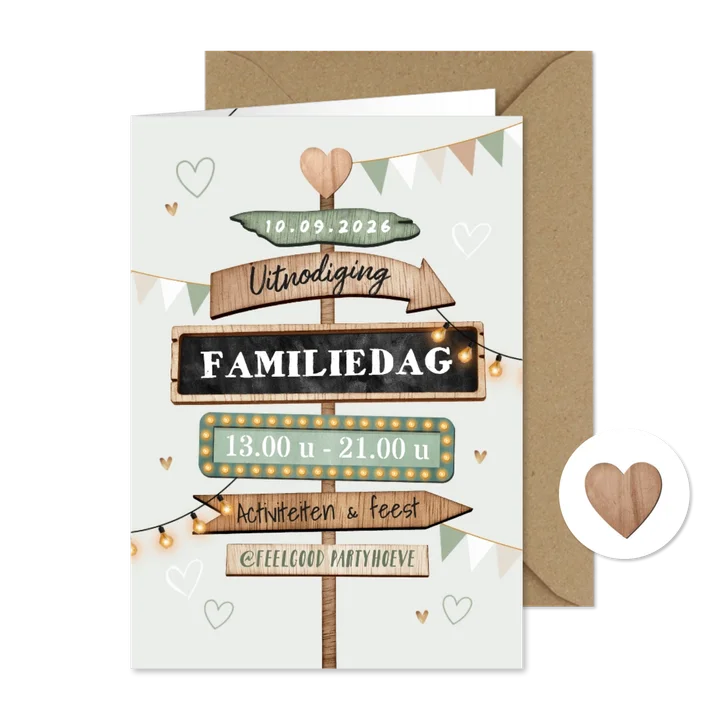 Uitnodiging wegwijzers hout familiedag hartjes vlaggetjes