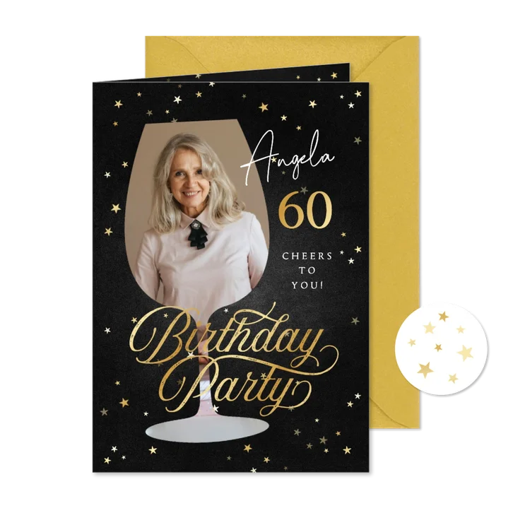 Uitnodiging wijn birthday party goud sterretjes foto