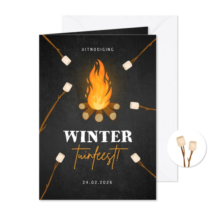 Uitnodiging winter tuinfeest vuurkorf marshmallow krijtbord