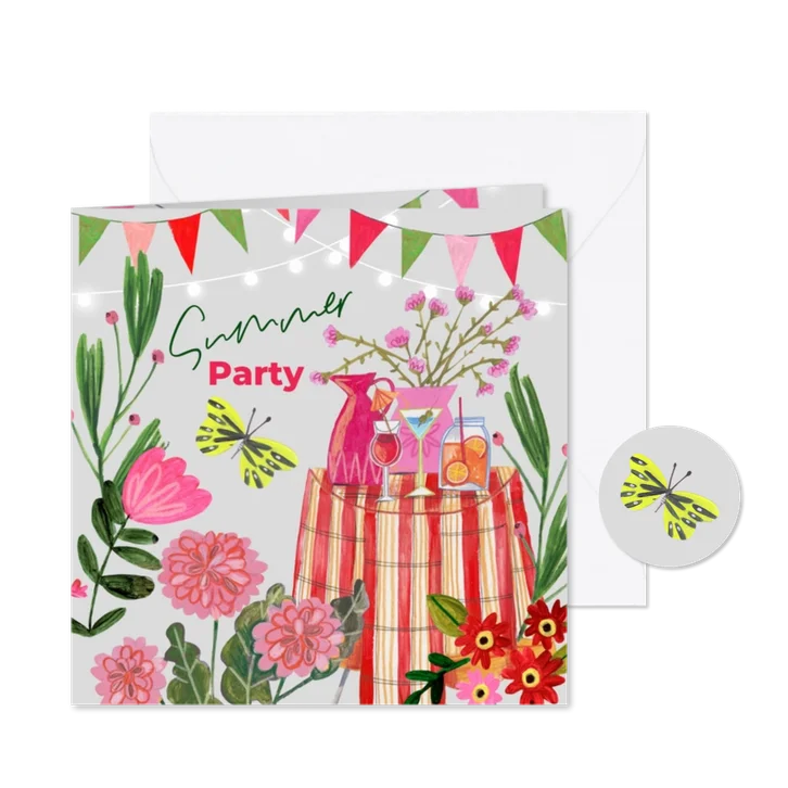 Uitnodiging zomer tuinfeest met bloemen en cocktails