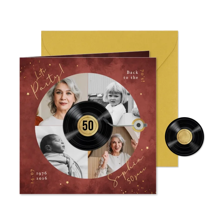 Uitnodigings LP plaat muziek feestje goud foto sterren