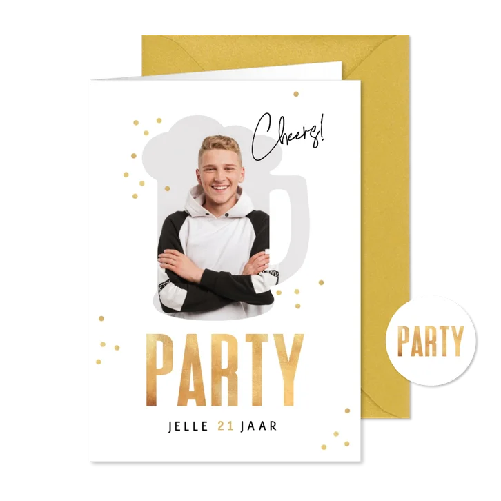 Uitnodigingskaart bier party foto confetti goud