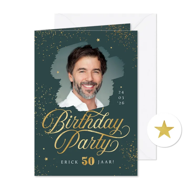 Uitnodigingskaart birthday party goud spetters sterren foto