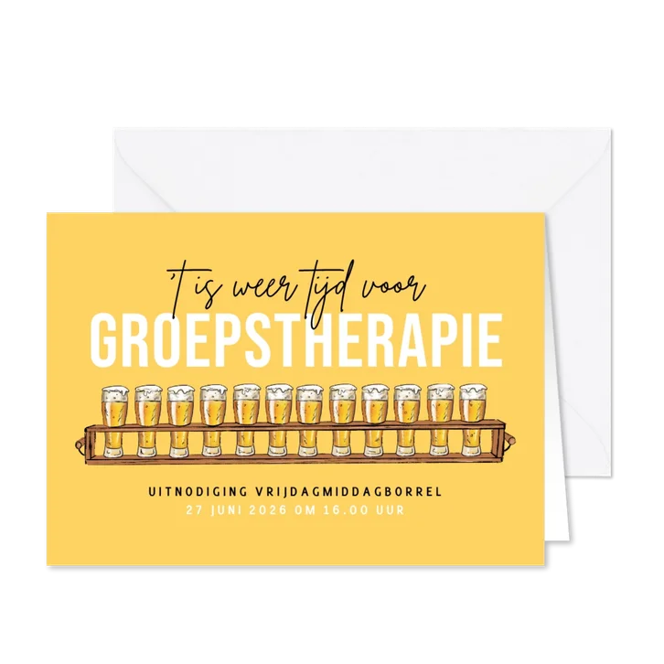 Uitnodigingskaart borrel feestje groepstherapie bier humor