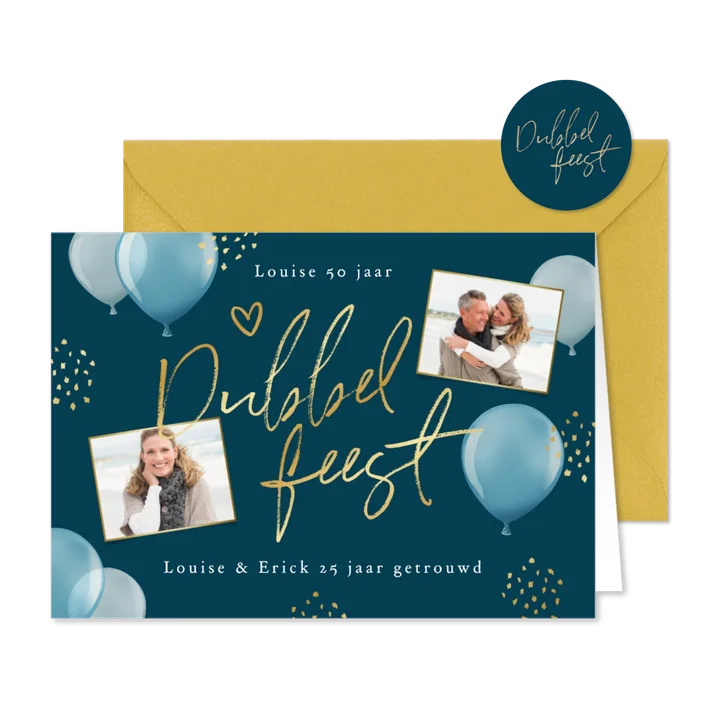 Uitnodigingskaart dubbel feest verjaardag jubileum ballonnen