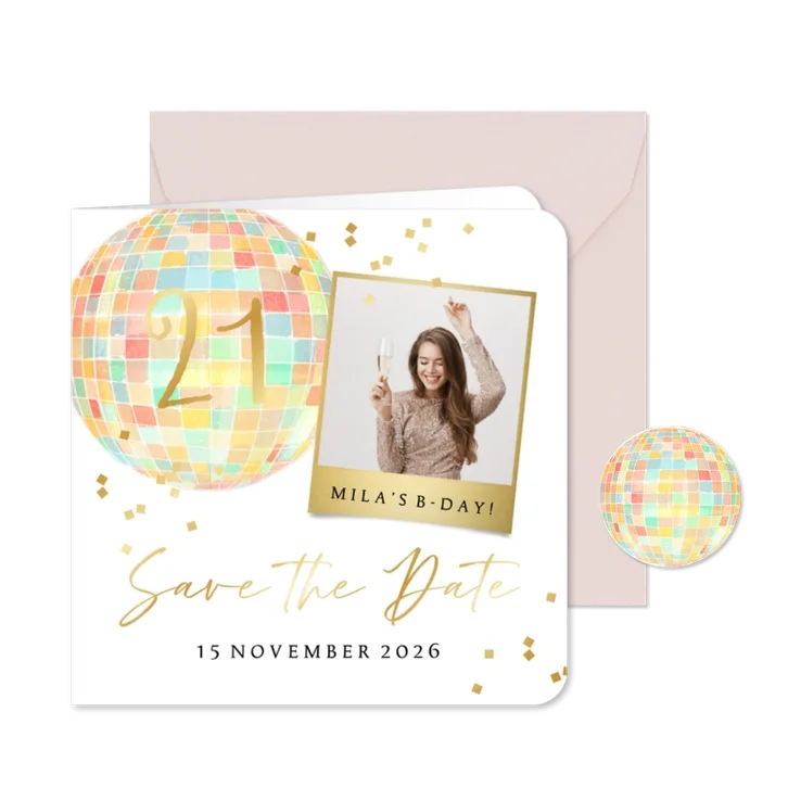 Uitnodigingskaart feestje disco foto save the date confetti