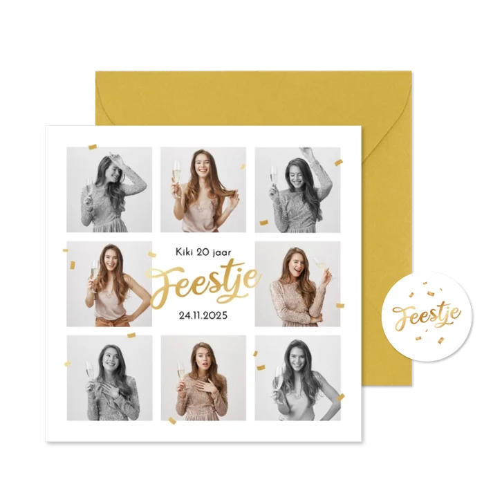 Uitnodigingskaart feestje verjaardag goud foto's confetti