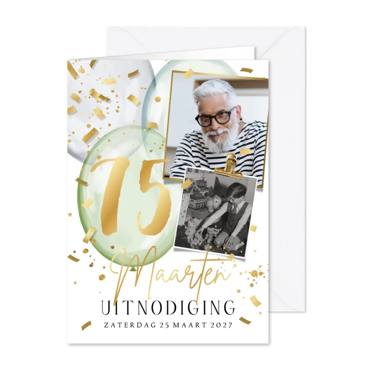 Uitnodigingskaart goud getal ballonnen confetti fotos