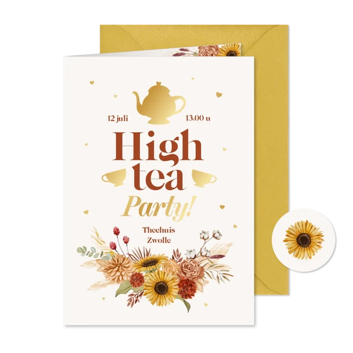 Uitnodigingskaart high tea bloemen goud theepot kopjes
