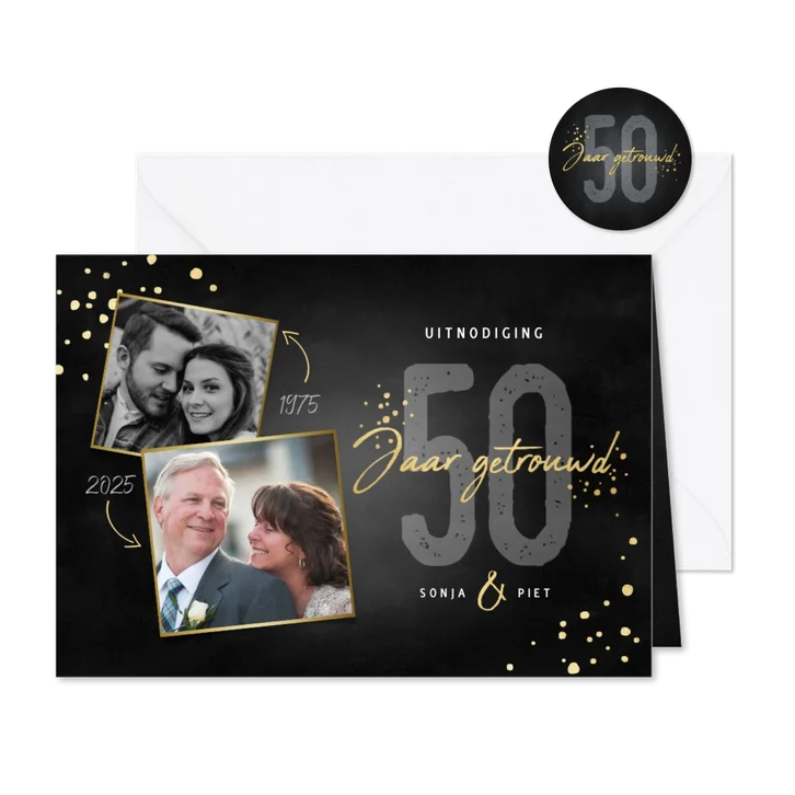 Uitnodigingskaart jubileum 50 jaar gouden spetters en foto's
