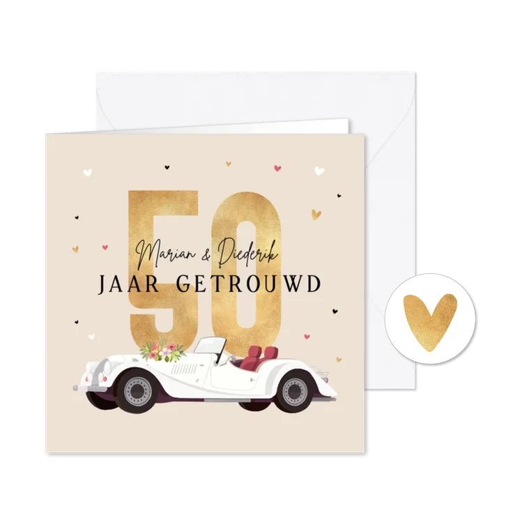 Uitnodigingskaart jubileum 50 jaar vintage oldtimer hartjes 